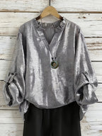 Adjustable Cuffs Women'S Blouse Top, Necklace Not Included, Elegant Shirt, Gold-Foiled Fabric, Women'S Shirt, Women'S Blouse, Long Sleeve Shirt - Grey