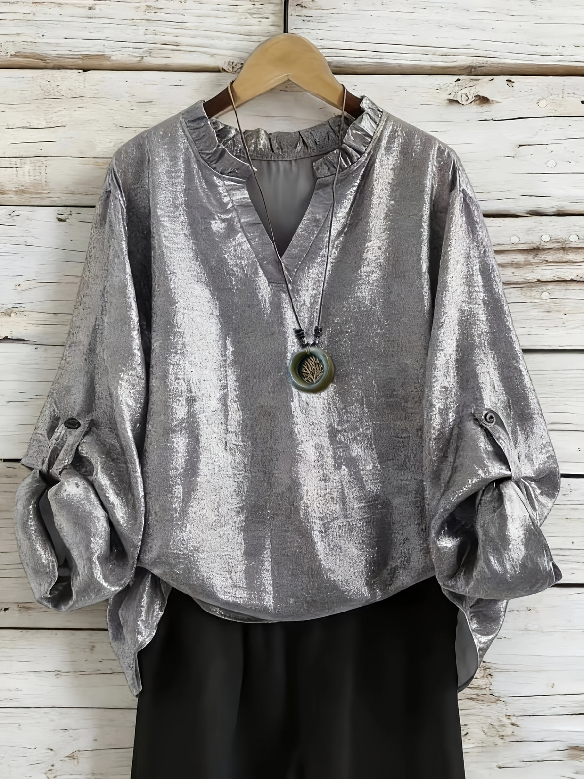 Adjustable Cuffs Women'S Blouse Top, Necklace Not Included, Elegant Shirt, Gold-Foiled Fabric, Women'S Shirt, Women'S Blouse, Long Sleeve Shirt - Grey