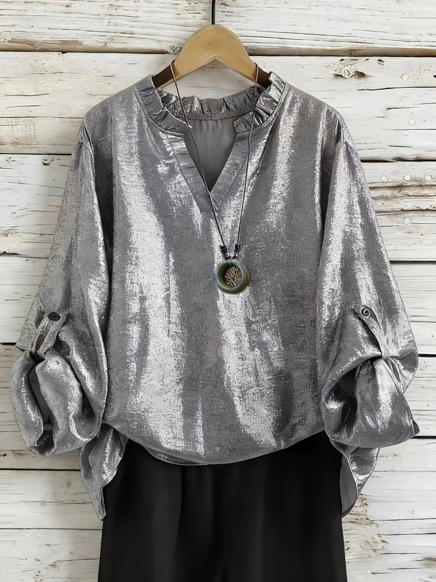 Adjustable Cuffs Women'S Blouse Top, Necklace Not Included, Elegant Shirt, Gold-Foiled Fabric, Women'S Shirt, Women'S Blouse, Long Sleeve Shirt - Grey