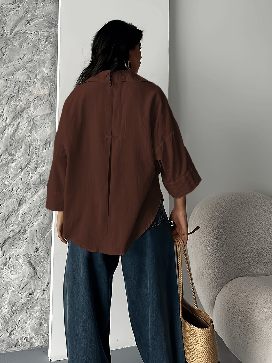 Fashion Spring Summer Women'S Off-Shoulder Puff Sleeve Button-Up Elegant Loose Shirt Lapel - Dark Brown