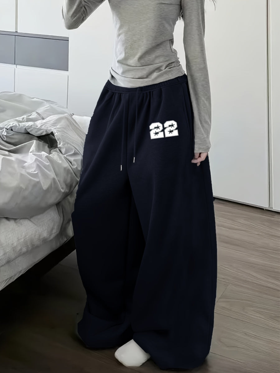 A Casual Autumn/winter -lined Loose-fit Women's Sweatpants Featuring a Trendy Fashionable Digital Star 22 Pattern Print - Navy Color