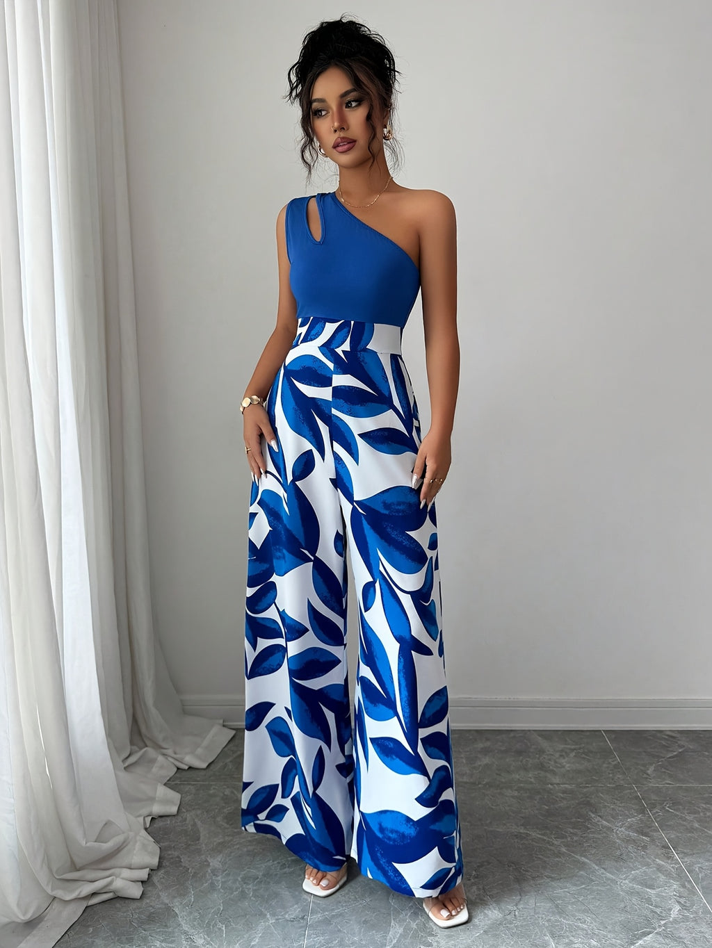 Women's Elegant Off-Shoulder Floral Print Jumpsuit - Blue