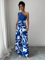 Women's Elegant Off-Shoulder Floral Print Jumpsuit - Blue