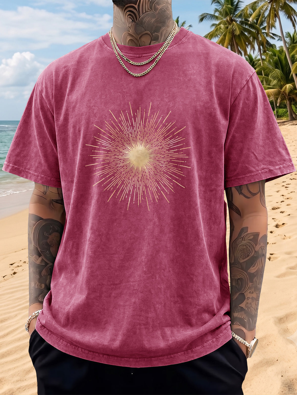 Men's Short-Sleeve T-Shirt, Pure Cotton, Loose Fit, Washed and Distressed, Sunburst Starlight Pattern, Trendy Reverse Double-Sided Print, Multiple Colors for Mix and Match, American Streetwear Hip-Hop High Street Top, for Daily Outings - Rose Red