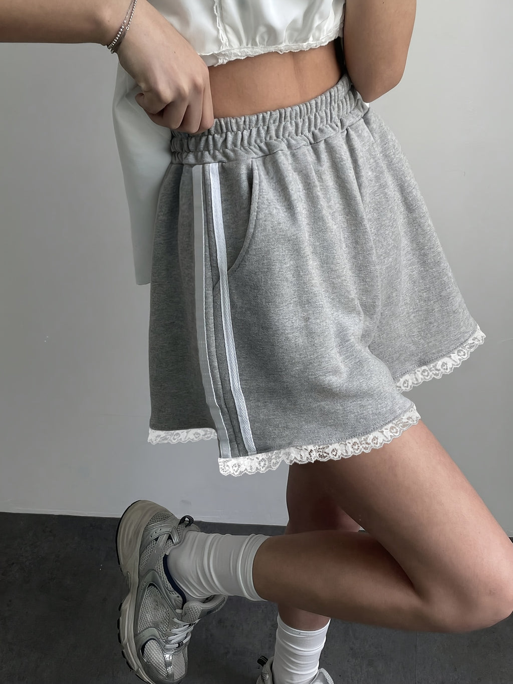 Women's Casual Gray Elastic Waist Shorts with Lace Trim - Summer High-Waisted Loose Fit Shorts, Machine Washable, Comfortable & Stylish for Casual Attire, High Waisted Shorts, Solid Color Fashion - Ash