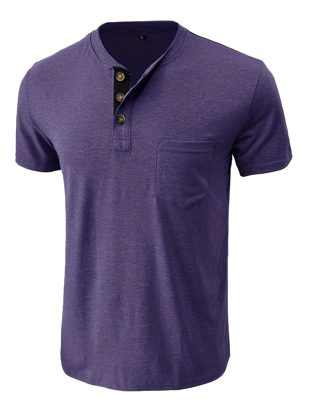 Men'S Summer Round Neck Short Sleeve T-Shirt Henley Shirt Pocket Top - Purple