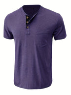 Men'S Summer Round Neck Short Sleeve T-Shirt Henley Shirt Pocket Top - Purple