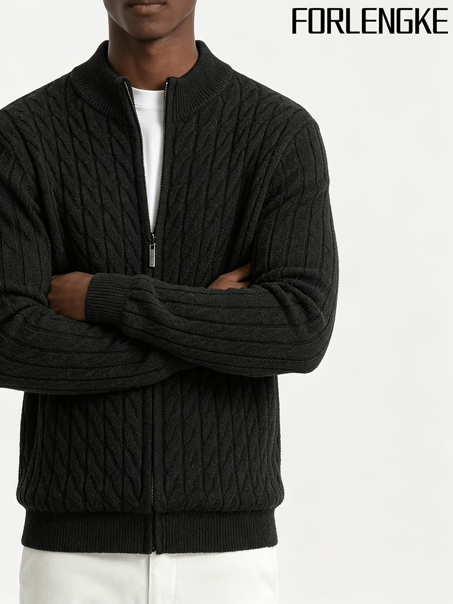 FORLENGKE Men'S Stand Collar Zip-Up Knit Jacket, Autumn And Winter Retro Cable Knit Sweater Cardigan, Comfortable Soft Long Sleeve Top, Everyday Commuting Casual Easy Versatile Knitwear in Multiple Colors - Black