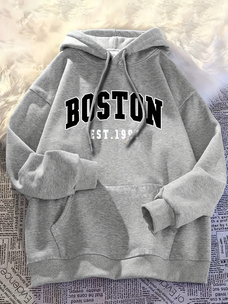 Minimalist Style Boston Letter Print Men'S Hooded Sweatshirt Regular Fit, Casual Long Sleeve Pullover - Light Grey