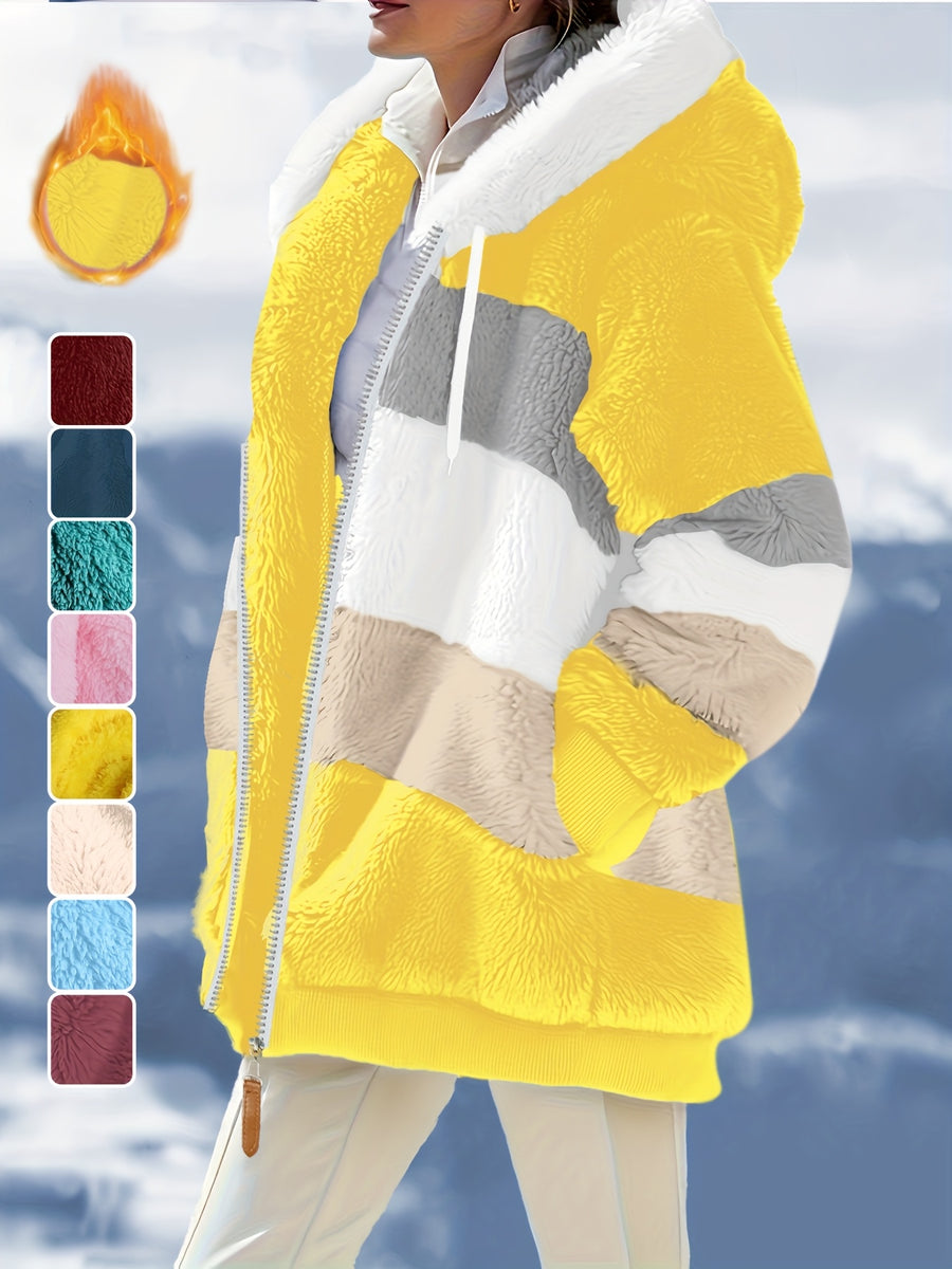 Women'S Warm Fleece Color Block Hooded Jacket Zip Up Chunky Plush Coat with Pockets Casual Loose Fit Winter Outerwear Soft Fluffy Jacket Multiple Colors Available - Yellow