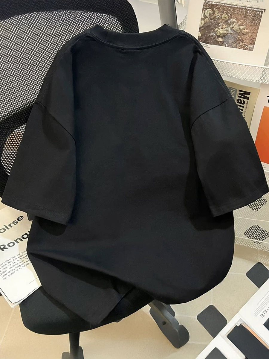 The First Two Armbands. Women's Spring/summer Y Style T-shirt Featuring Numbers, Letters, and Lines. Size 91. Fashionable, Loose-fit, Round Neck, Printed Short Sleeve, Pure Oversized Drop-shoulder T-shirt. Su K - Black