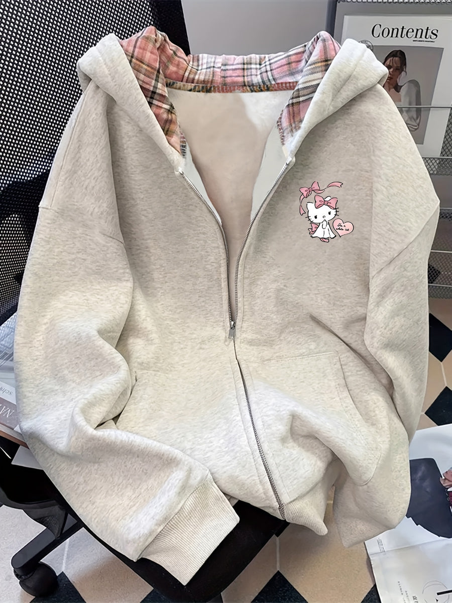 American Vintage Style Autumn And Winter Fun Letter Print Long Sleeve Plaid Patchwork Thickened Sweatshirt Women'S Hong Kong Style Loose Bf Style Casual Fashion Hooded Top - Granny Gray