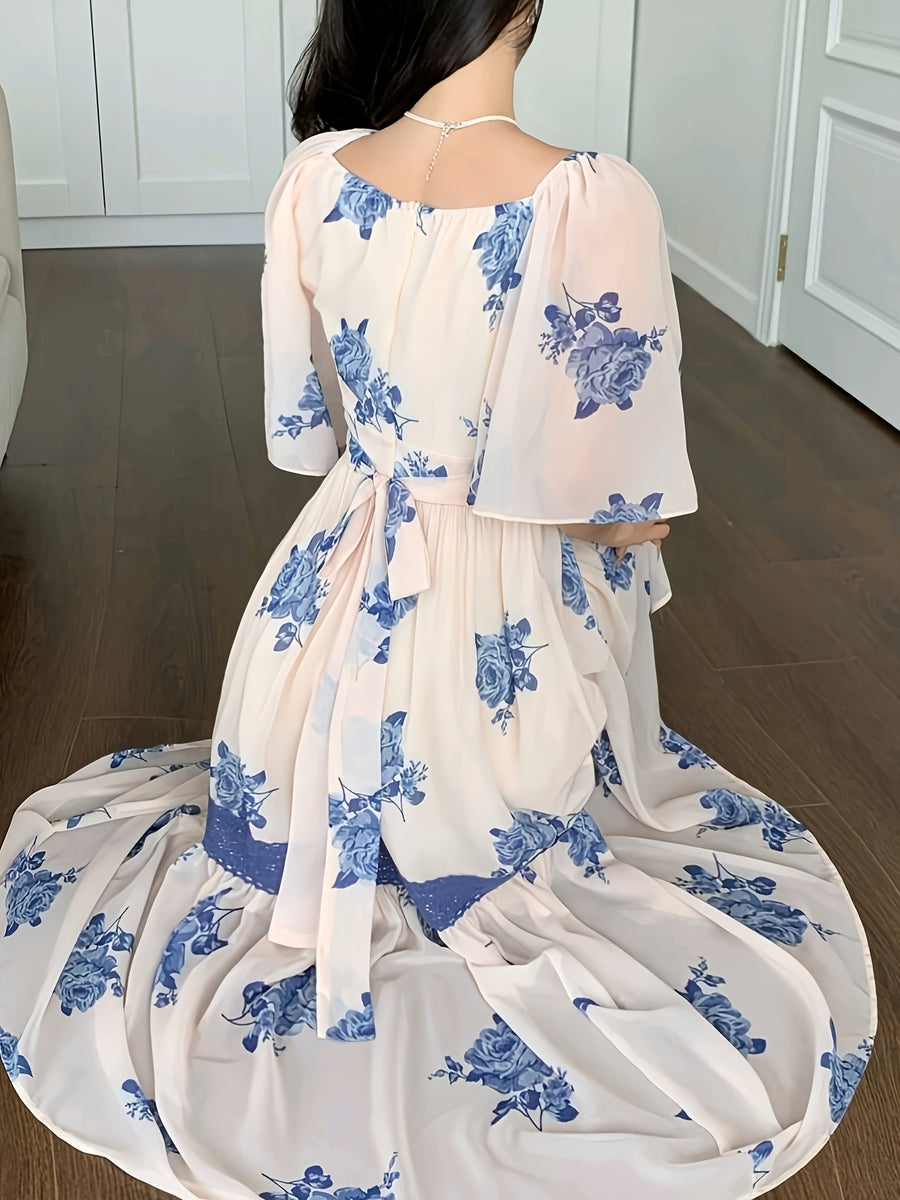 Women's Elegant Square Neck Bell Sleeve Maxi Dress with Waist-Cinching - Short Sleeve -Line Dress Suitable for Date Night, Wedding Guest, Vacation Dress, Machine Washable Spring Summer Formal Outfits - Blue
