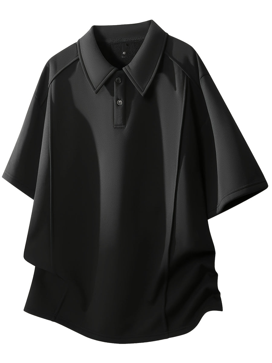 Men'S Summer Asymmetrical Cutout Lapel with Double-Button, Unisex Off-Shoulder Loose Curved Hem Drapey Short-Sleeve T-Shirt - Black