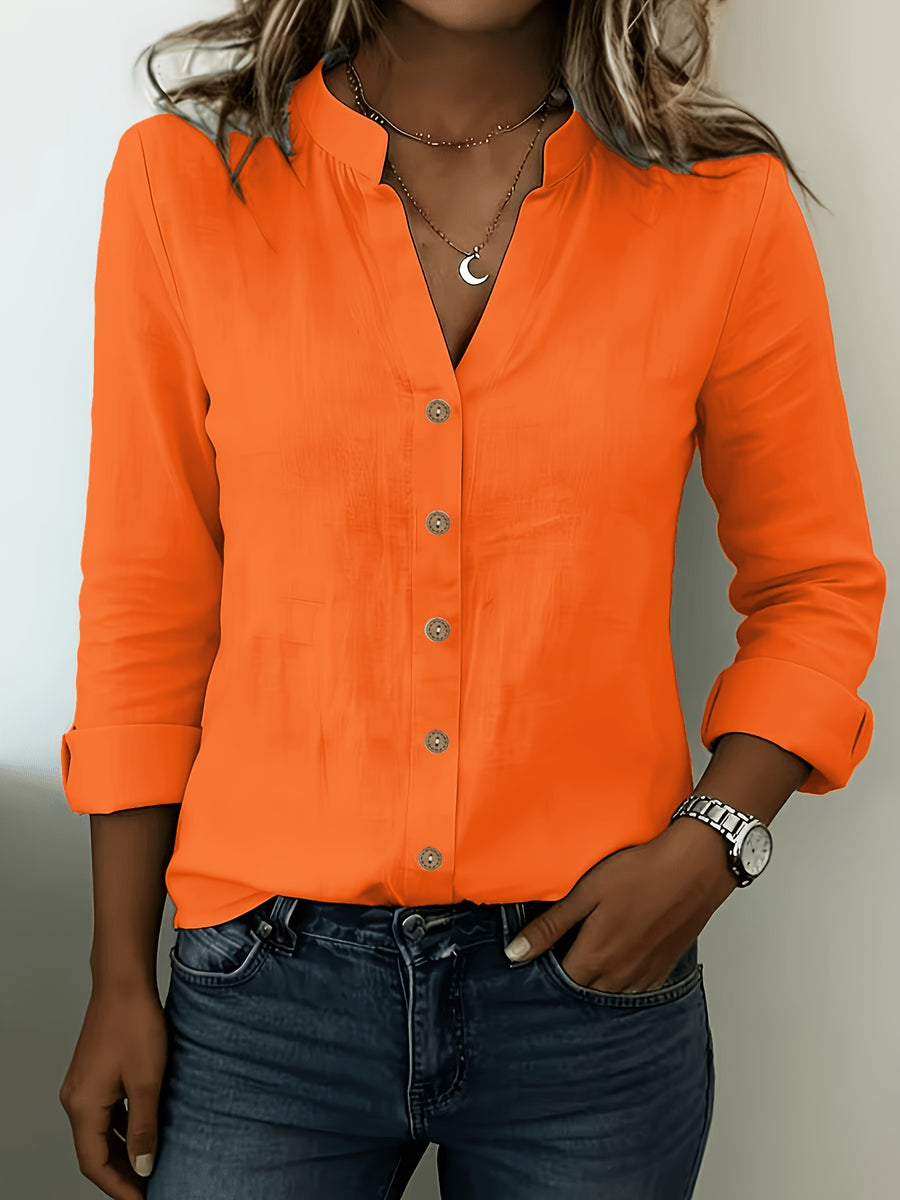 According ToFashionable V-neck Bamboo-joint Style Women's Long-sleeved Shirt - Orange-Red