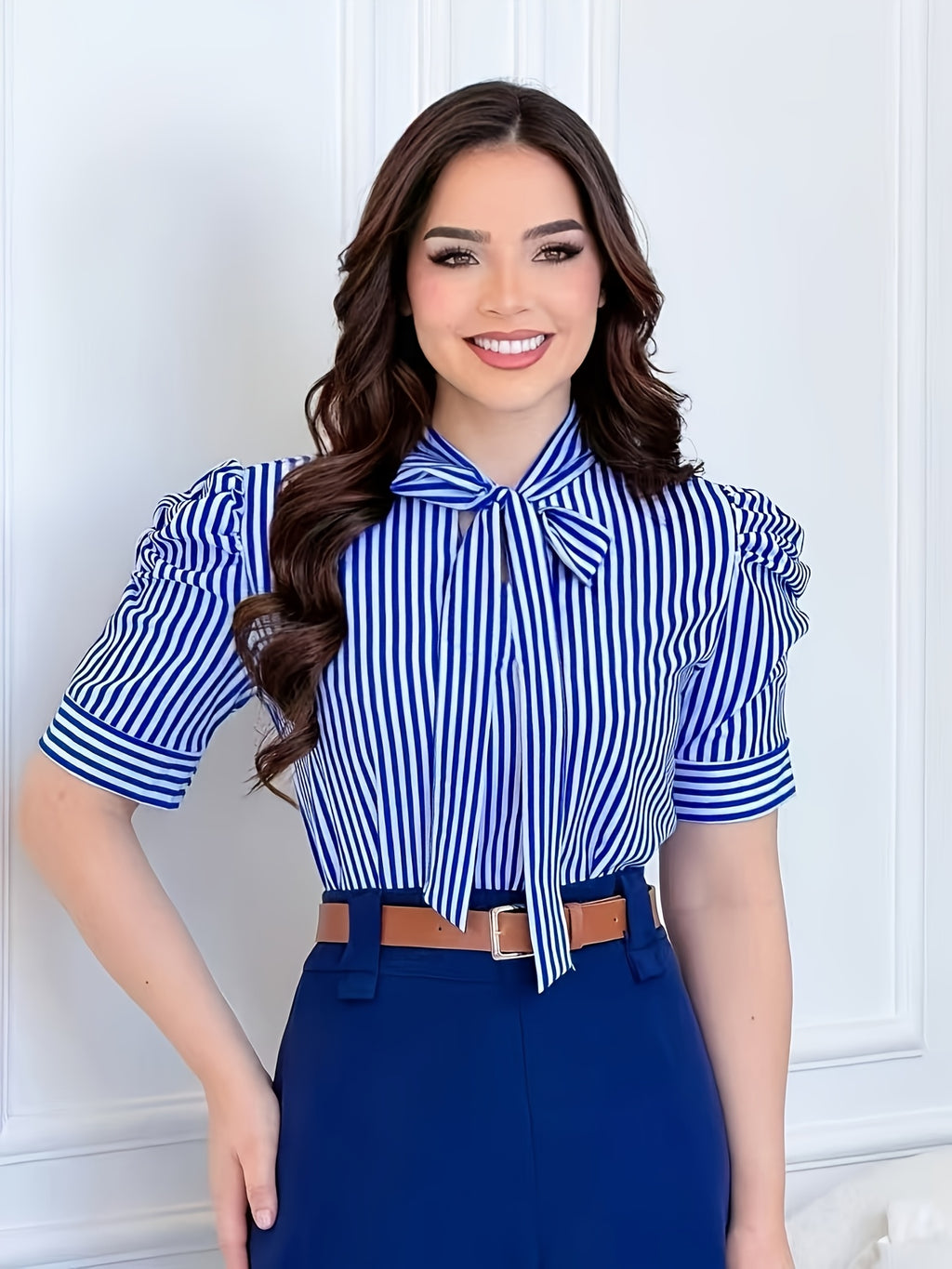Short Sleeve Striped Shirt with Bubble Sleeves and Bow Tie - Blue