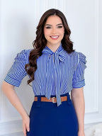 Short Sleeve Striped Shirt with Bubble Sleeves and Bow Tie - Blue