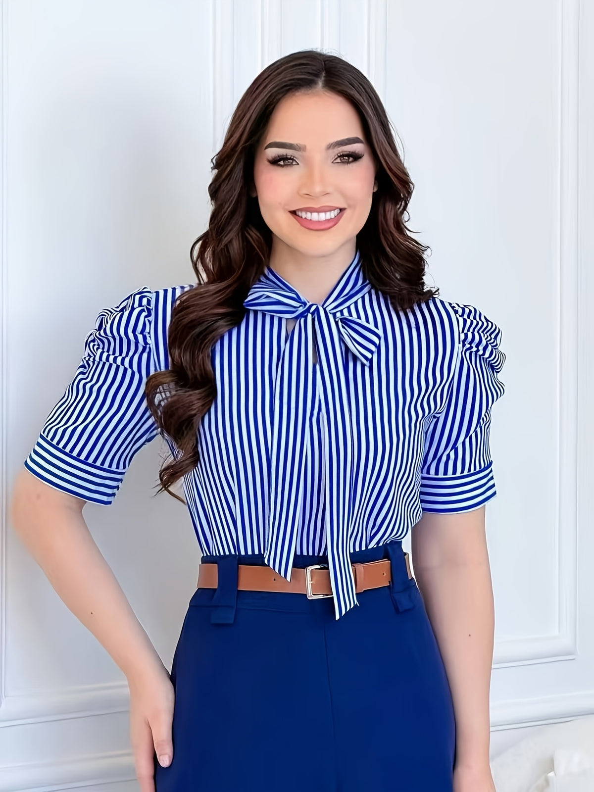 Short Sleeve Striped Shirt with Bubble Sleeves and Bow Tie - Blue