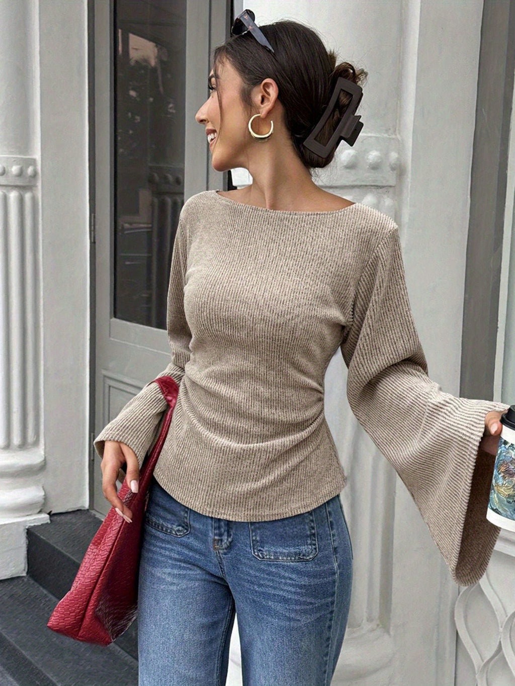 Women's Wide Collar Drop Shoulder Flare Sleeve Pleated Solid Color Top, Elegant Long Sleeve Ribbed T-Shirt, Suitable for Spring and Autumn Wear, Ideal for Casual or Formal Occasions HW915 - Apricot