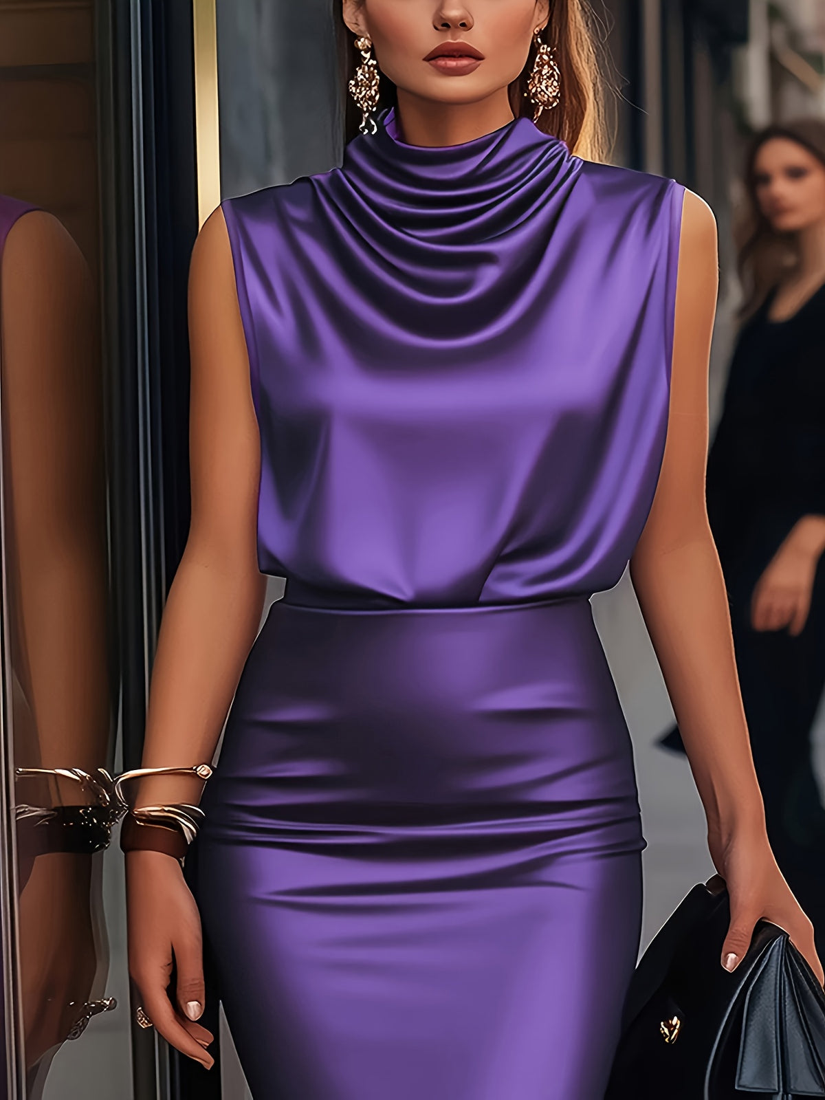 Women's New Summer Clothing, Solid Color Satin Skirt Set, Flounce Neckline Back Button Sleeveless Top & Zipper Slim-Fit Skirt 2pcs Set, Elegant for Parties, Suitable for Vacations, Balls, Outings, Gatherings, Dinners, Parties, Social Events - Purple