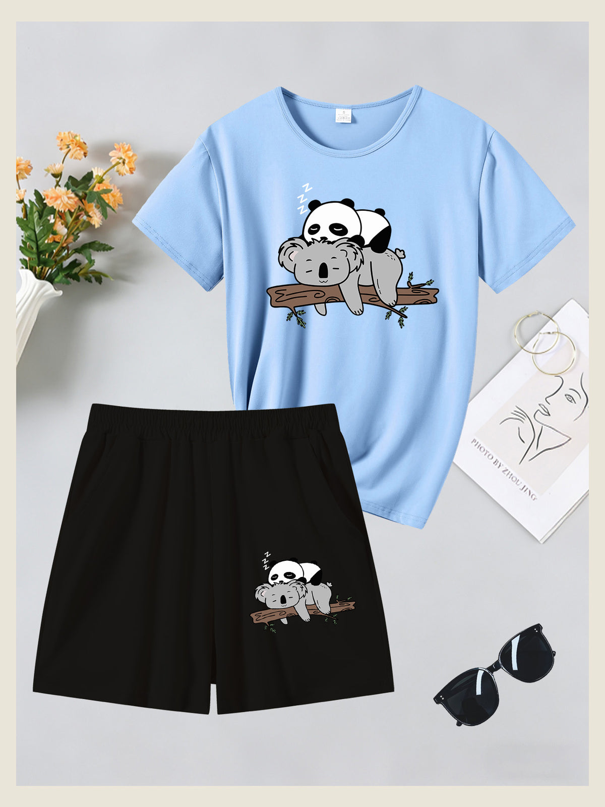 2pcs Women's Summer Short Sleeve Set—Panda Koala Cute Animal Print Short Sleeve Shorts Set, Comfortable, Soft, and Breathable for Sports and Daily Wear, Suitable for Back-to, Campus, Valentine's Day, Women's Pajamas, Jogging, Fitness, and as a Gift - Sky Blue+Black