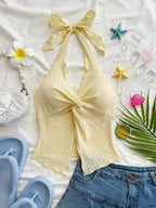 Fashionable And Sexy Sleeveless Top with a Tie, Twisted Hem, Side Slits, And an Open Back - Yellow