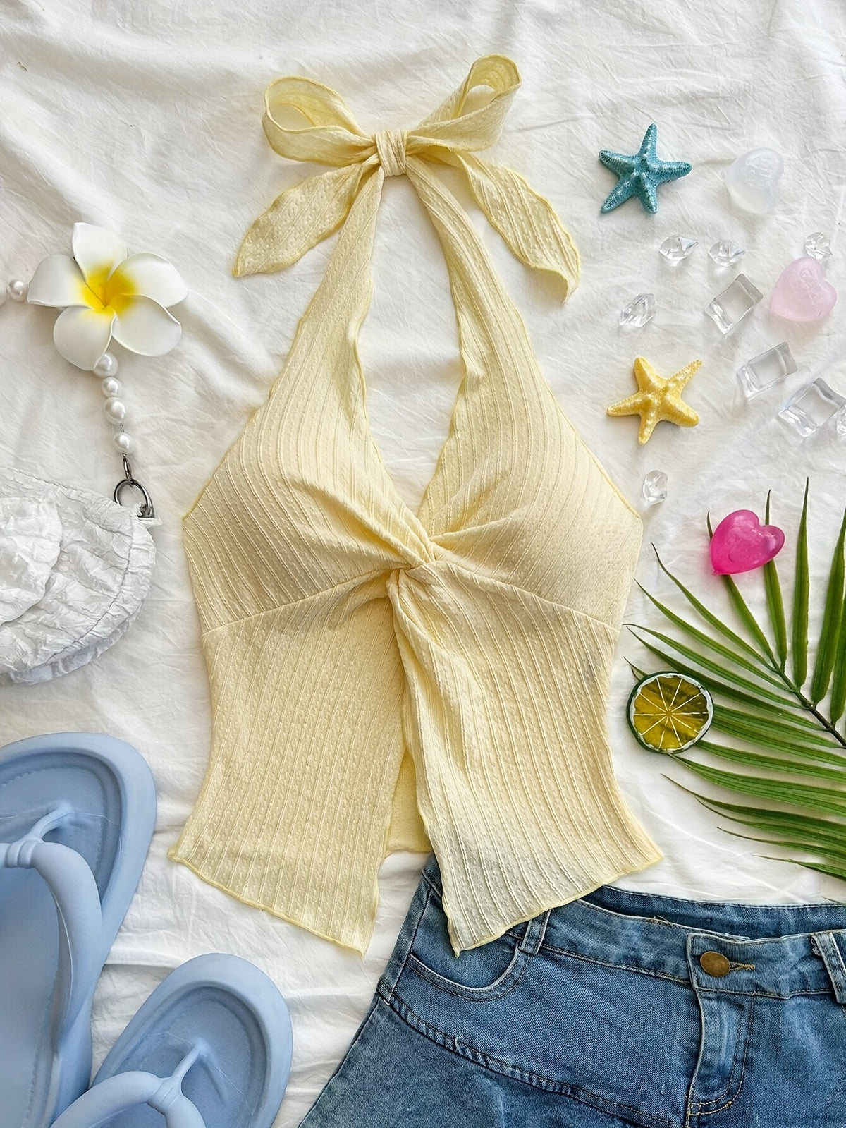 Fashionable And Sexy Sleeveless Top with a Tie, Twisted Hem, Side Slits, And an Open Back - Yellow