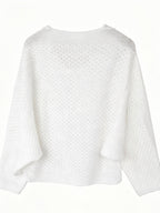 Women's Pullover V-Neck Soft Sweater, Loose Hollow-Out Top, Gentle Style Top, Fashionable, Soft Fabric, Versatile Long-Sleeve Batwing Shirt, Breathable Cover-Up - White