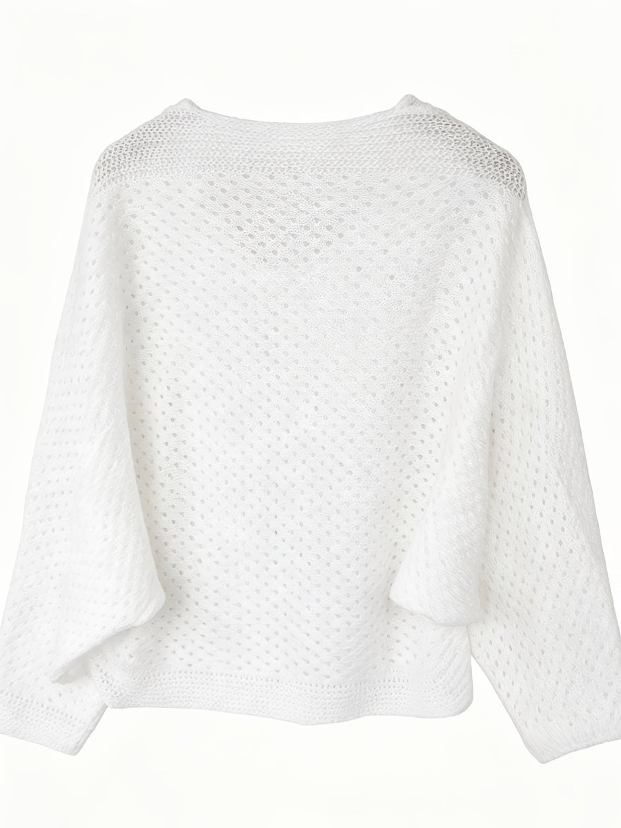 Women's Pullover V-Neck Soft Sweater, Loose Hollow-Out Top, Gentle Style Top, Fashionable, Soft Fabric, Versatile Long-Sleeve Batwing Shirt, Breathable Cover-Up - White