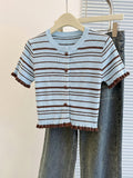Blue and Brown Striped Cardigan with Buttons, Ruffled Hem, Ribbed Slim-fit Cropped Short-sleeve Top, Suitable for Commuting and Date Outfits, Women's New Summer Top. This Exquisite and Fashionable Sweater Is Perfect for Photography, Daily Wear - Blue+Coffee Color