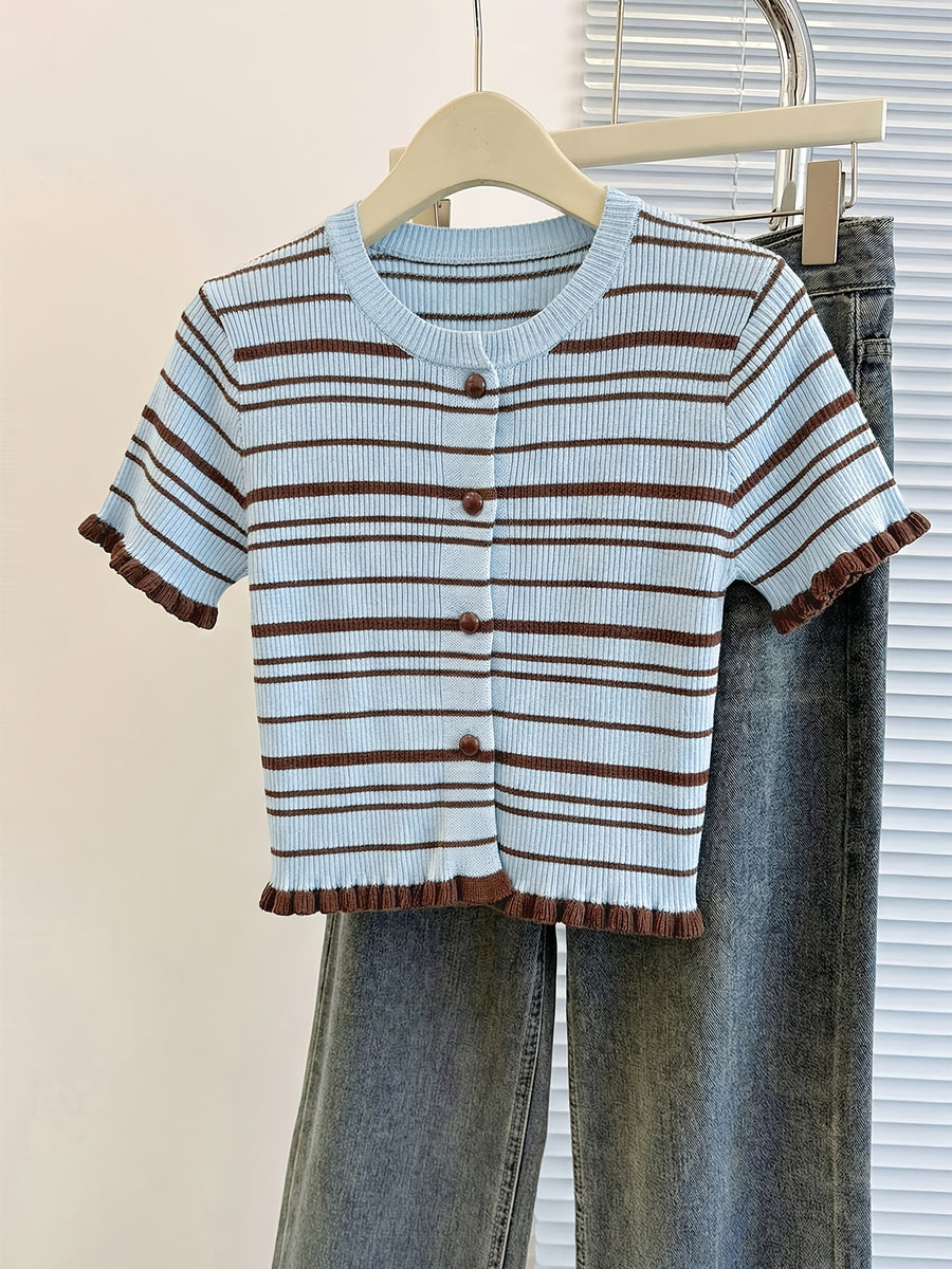 Blue and Brown Striped Cardigan with Buttons, Ruffled Hem, Ribbed Slim-fit Cropped Short-sleeve Top, Suitable for Commuting and Date Outfits, Women's New Summer Top. This Exquisite and Fashionable Sweater Is Perfect for Photography, Daily Wear - Blue+Coffee Color