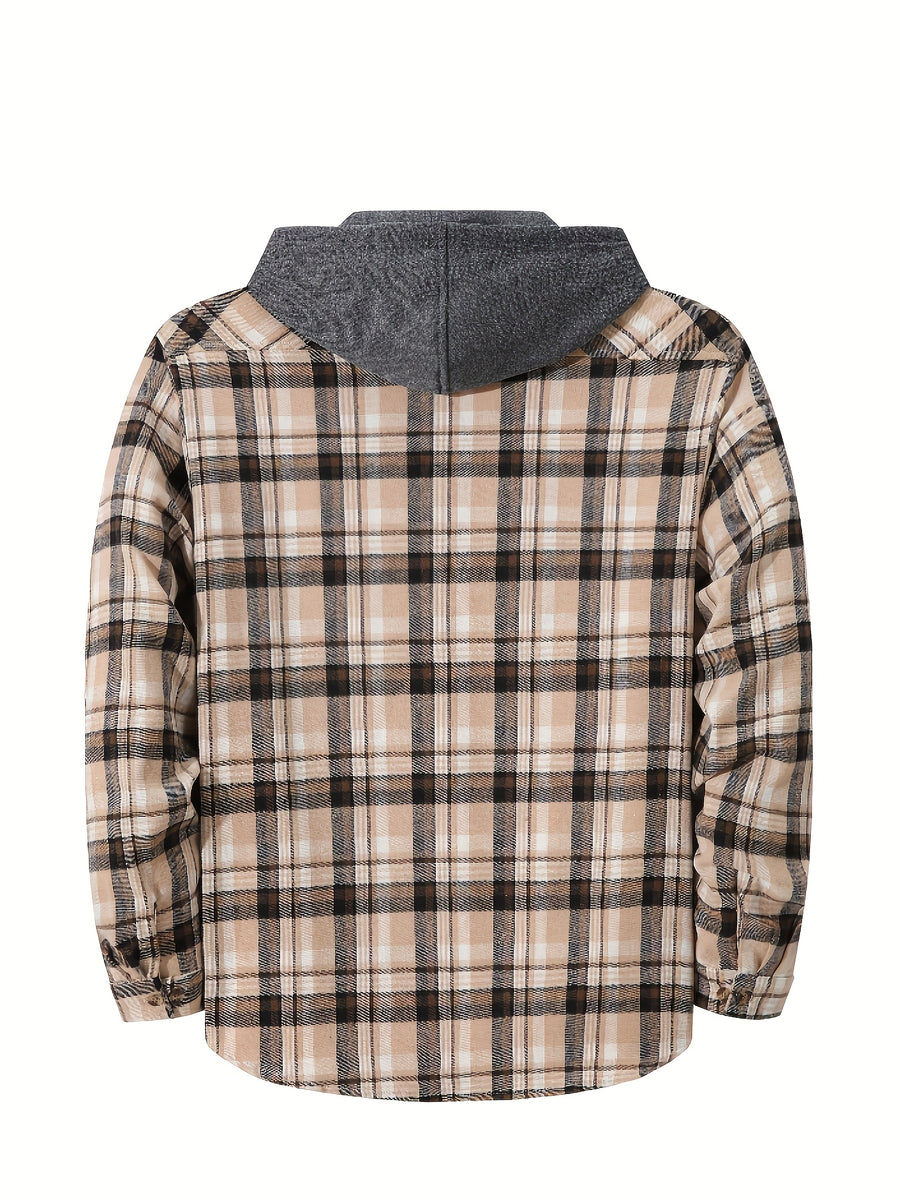 Men'S Plaid Hooded Sweatshirt Flannel Shirt Jacket Long Sleeve Casual Fashion Button-Up Shirt - Khaki - gray black