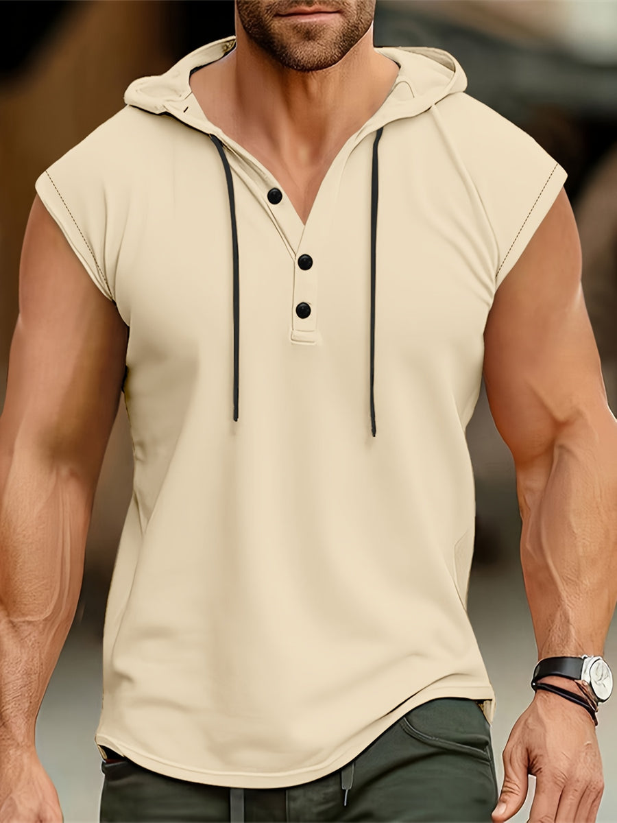 Men's Sleeveless Hooded Henley Shirt - Lightweight, Breathable Polyester | Summer Casual & Sporty Top with Button Detail | Machine Washable - Khaki