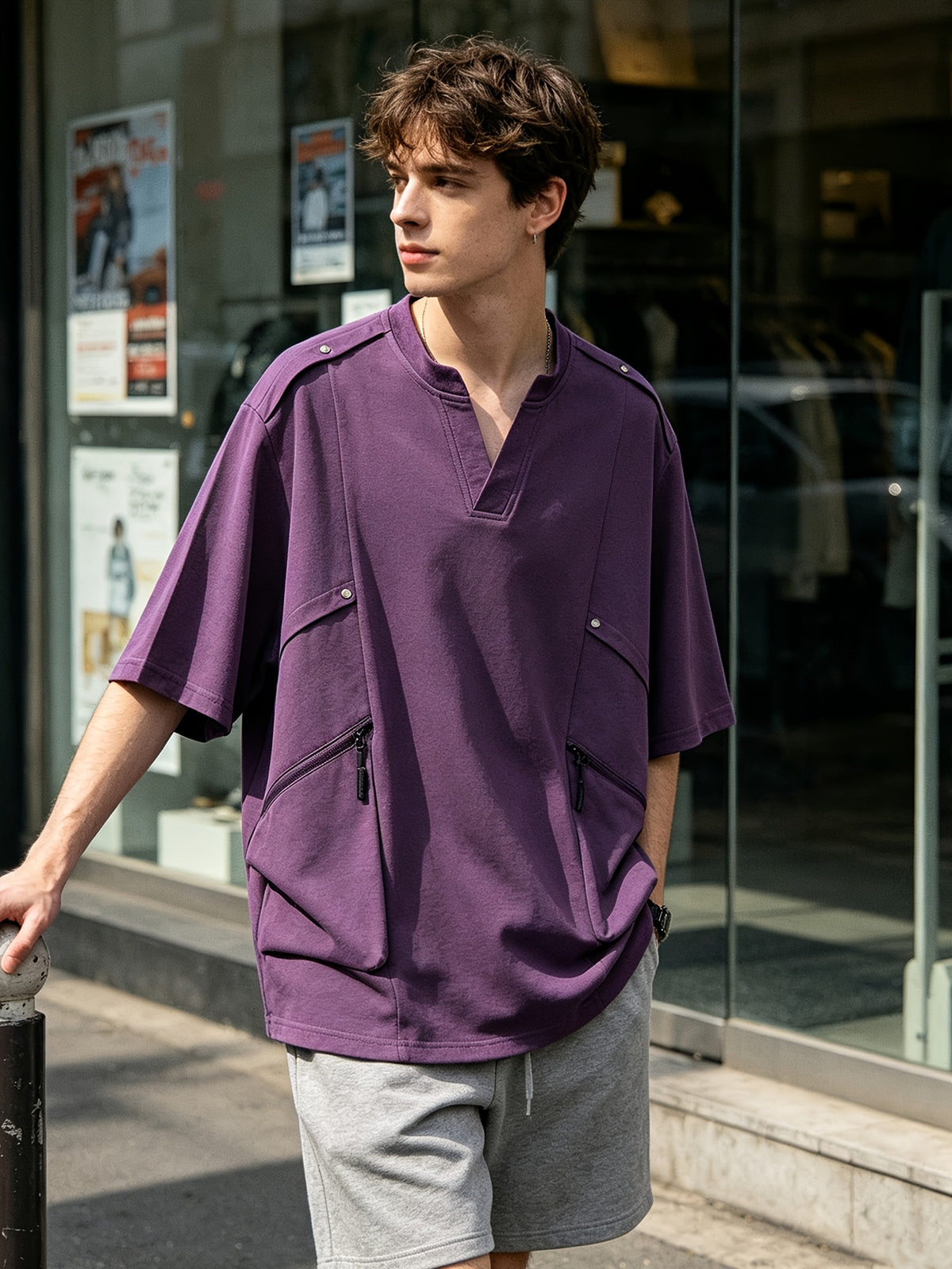 [Kuzan Yuki OBM] Men'S Summer New V-Neck Cargo Casual T-Shirt for Travel, Commute, Vacation, Individual, All-Match Fashion Tee - Purple