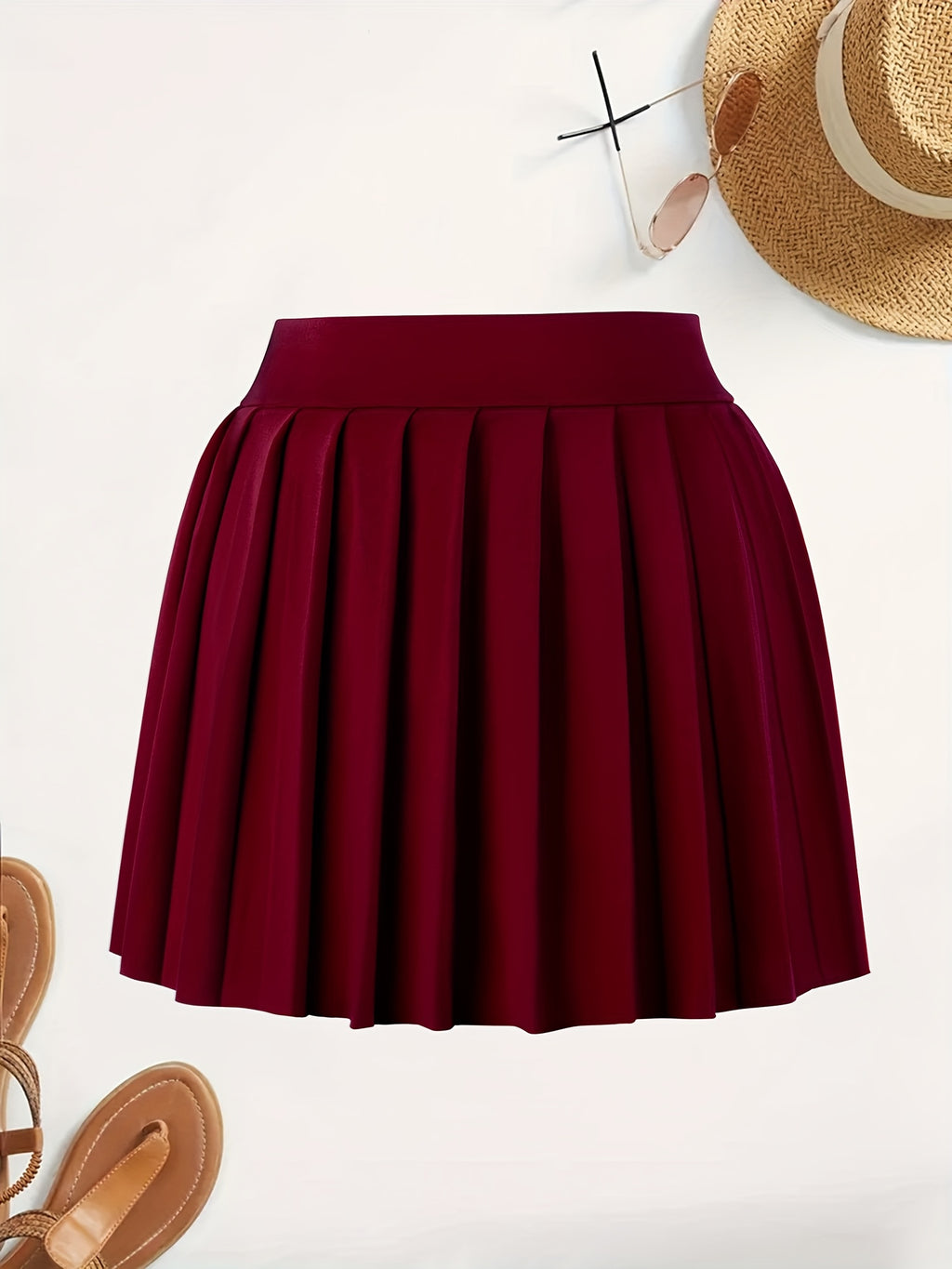 Solid Color Versatile High-Waist Pleated Mini Skirt - Flattering And Stylish for Women - Burgundy
