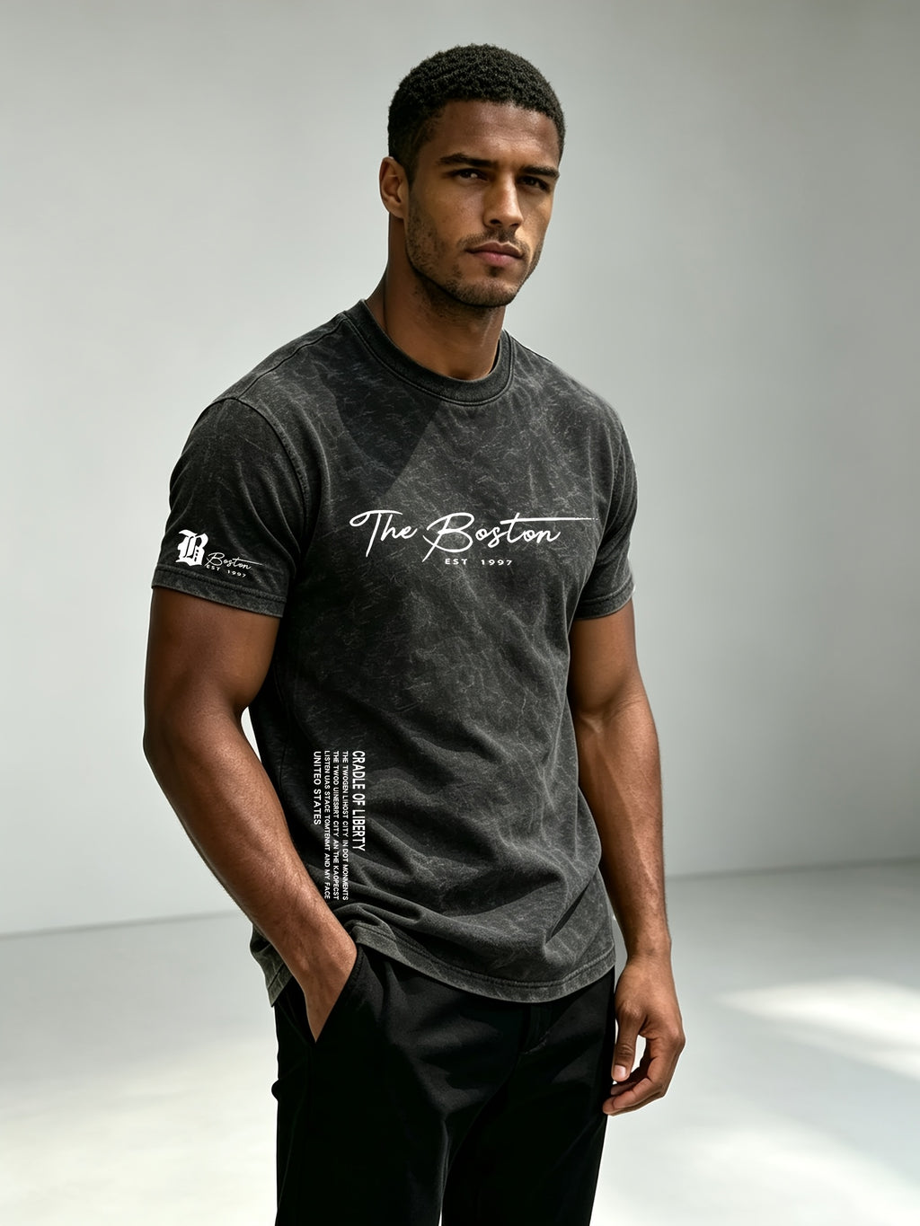 American Retro Washed Distressed Short Sleeve T-Shirt Men'S Summer Multi-Position English Print Round Neck Short Sleeve Street Trendy Fitness All-Match Top - Black