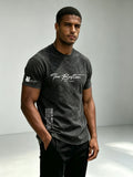 American Retro Washed Distressed Short Sleeve T-Shirt Men'S Summer Multi-Position English Print Round Neck Short Sleeve Street Trendy Fitness All-Match Top - Black