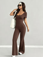 Women'S Jumpsuit, Spring Summer Casual Style, U-Neck Design, Fashionable Sexy And Comfortable, Slim Fit Versatile, Suitable for Outdoor, Commuting, Millennial Style, American Style, Chic Style, Beach Parties, Countryside Vacations - Coffee Color