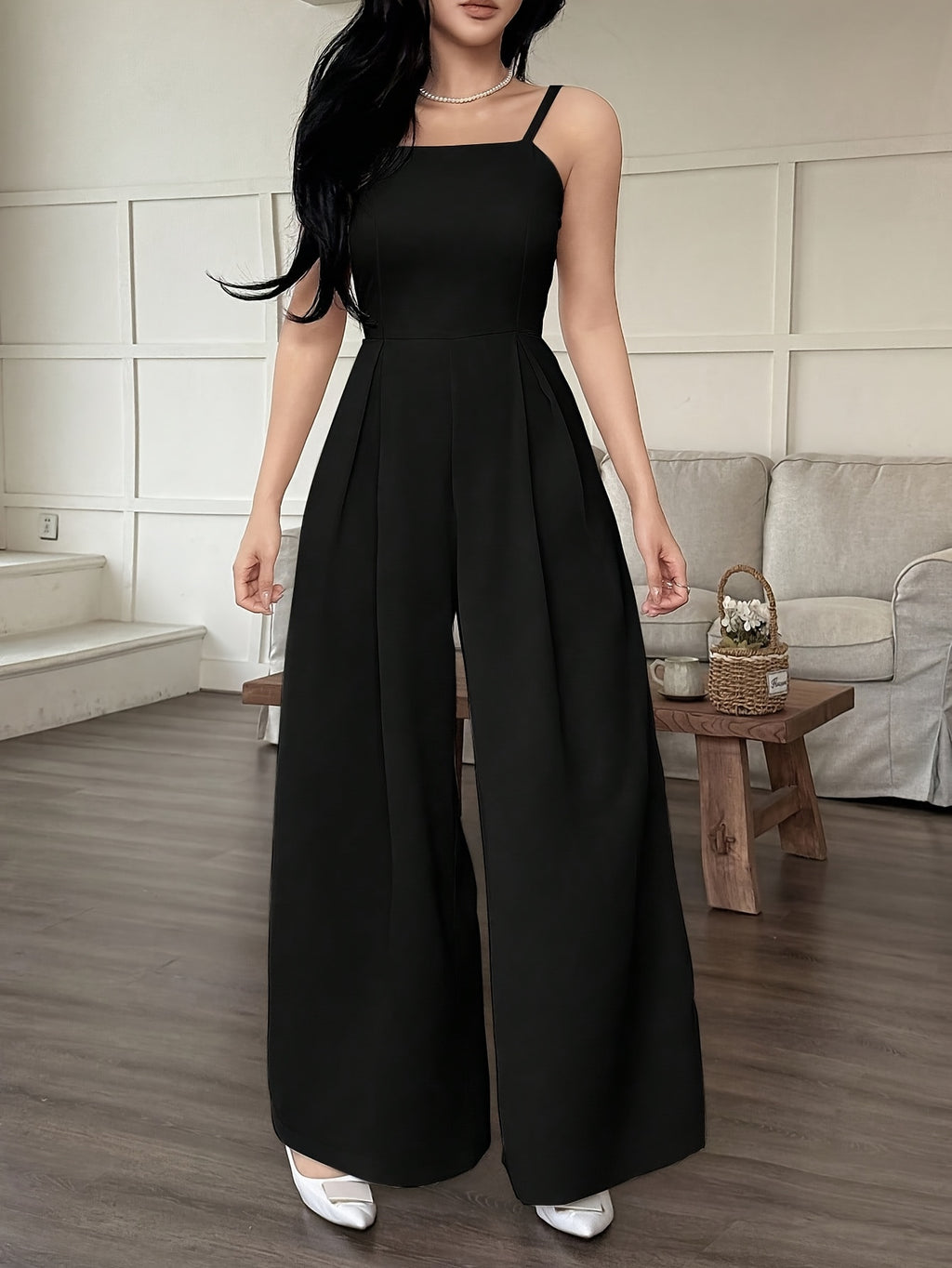 Wide-Leg Loose Solid Color with Ruched Design, Suitable for Summer Women'S Casual Wear - Black