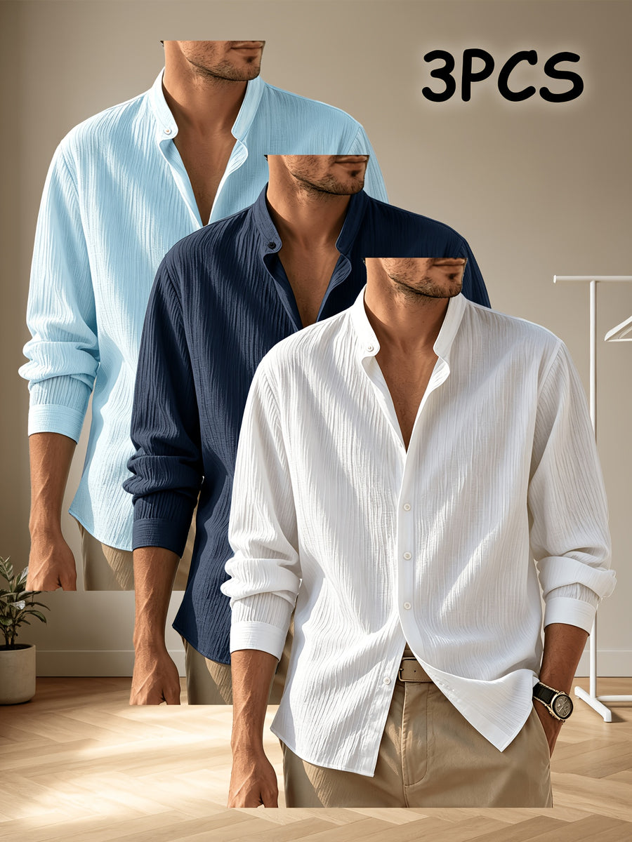 Zhiyu OBM Men's 3pcs Long Sleeve Shirt Set, Stand Collar, Draping Fabric, Multi-Color, Commuting and Casual Long Sleeve Shirt - Light blue + navy + white
