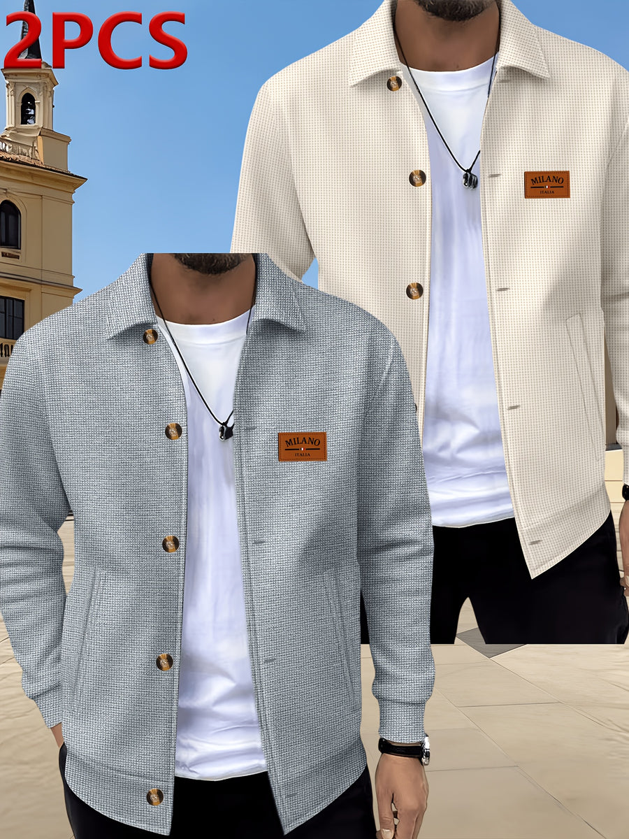 Men's 2pcs Waffle Knit Lapel Jacket, American Light Mature Casual Style, Two-Tone Textured Fabric, Vintage Amber Button Placket, Side Slant Pockets, Versatile Outerwear for Young and Middle-Aged Men for Commuting, Shopping, Outdoor Outings, and Daily - Grey+Khaki