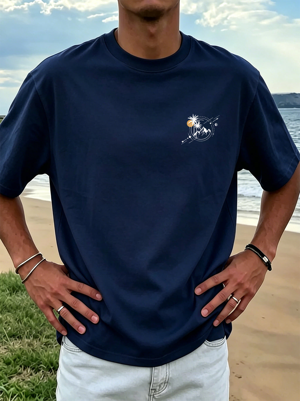 New Men's 100% Pure Cotton T-Shirt with Surfboard, Coconut Tree, and Sun Print, Comfortable and Breathable for Summer Casual Beach Vacations - Navy blue color