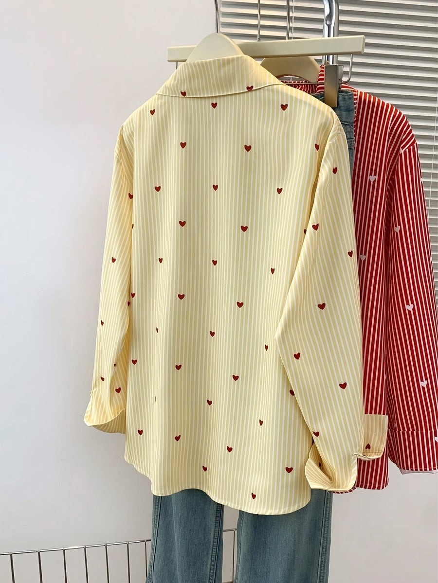 Women'S Heart Print Polo Collar Striped Shirt - Casual Collared Long Sleeve Blouse, Perfect for Spring Summer Fall Casual Wear - Yellow