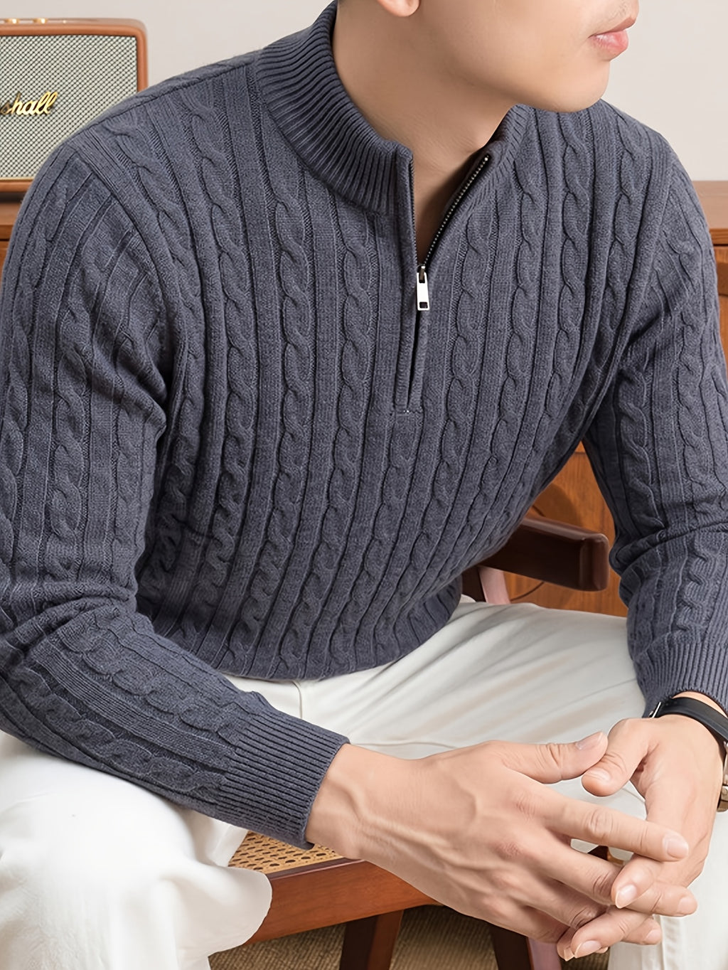 Men'S Half-Zip Jacquard Knit Sweater, Retro Luxury, Breaking The Monotony of Middle-Aged Sweaters, Suitable for Business Casual - SINBOS - Dark Gray