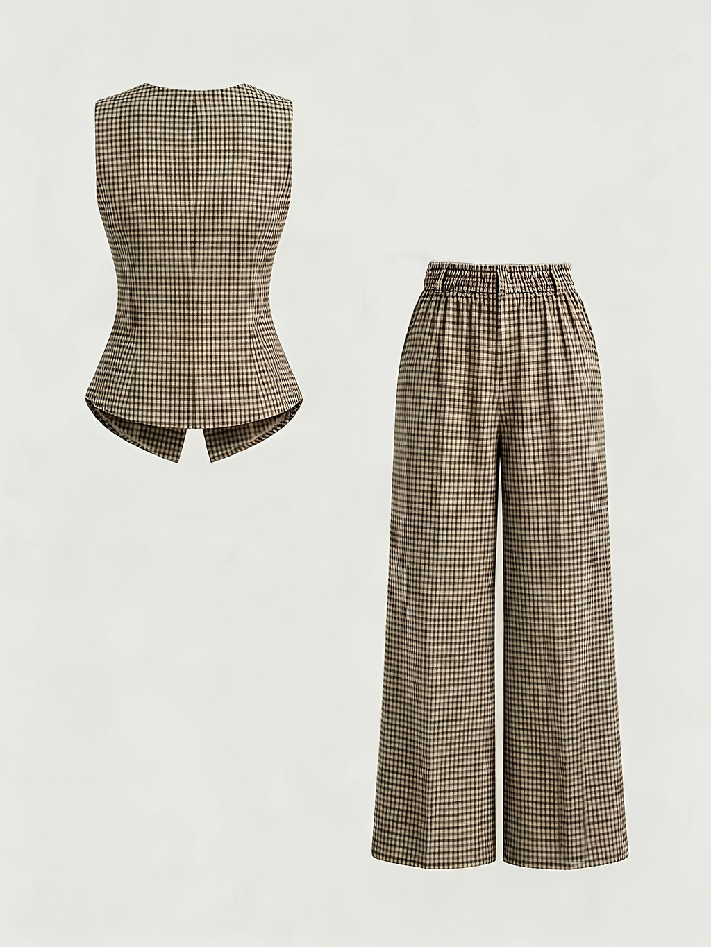 2026 Trendy Retro Plaid Sleeveless Suit Jacket And Long Pants Set, High-Waist Button Detail Fashionable Versatile Two-Piece Suit, Suitable for Casual Vacation Wear, Elegant Temperament Spring Summer Suit, Commuter Style, Music Festival Attire, YYTT - Coffee Color