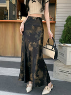 Satin Tie-dye Chinese Ink Painting Fishtail Skirt, Spring/summer Hip-hugging A-line Skirt - Black