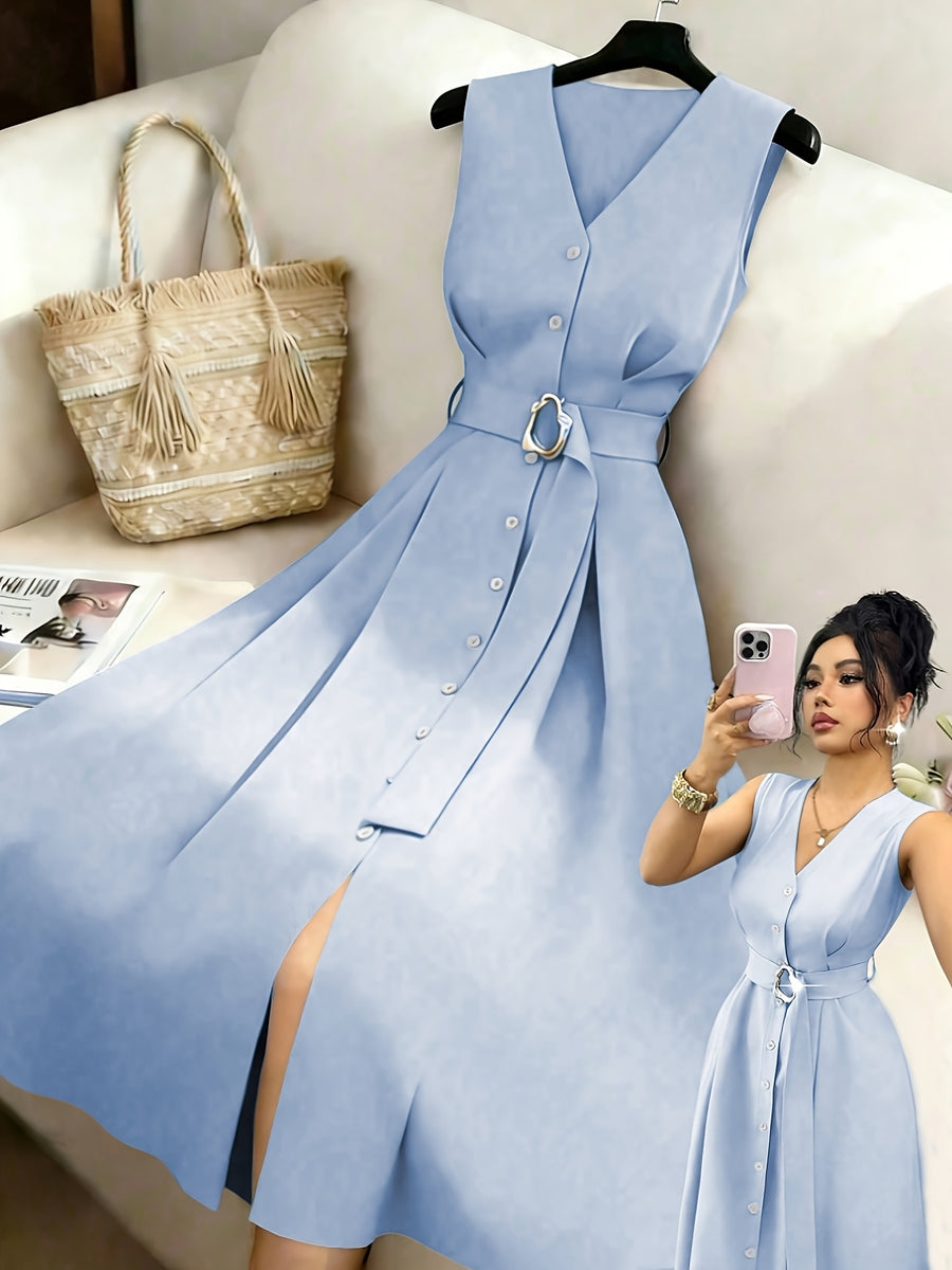 New Women's Sleeveless V-Neck Cardigan with Metal Rings, Elegant Slim-Fit Long Bridesmaid Dress, Versatile for Commuting, Parties, and Music Festivals - Blue