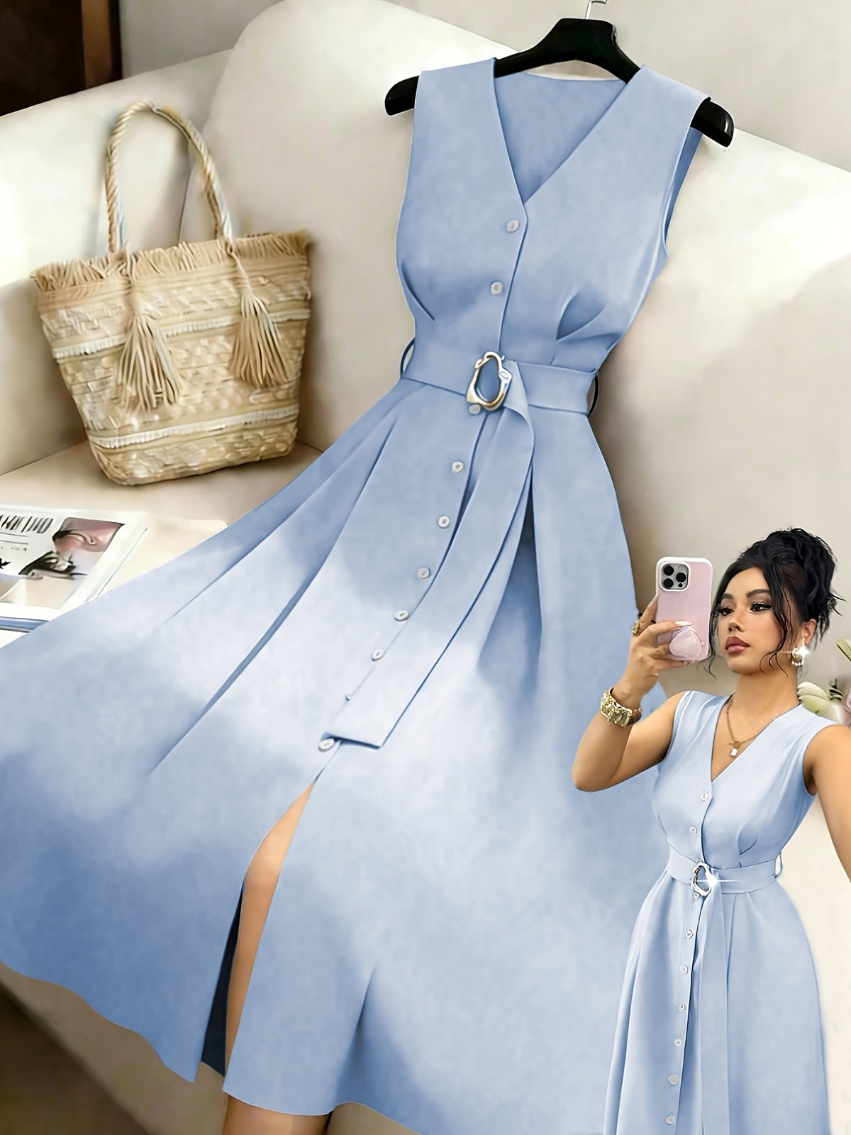 New Women's Sleeveless V-Neck Cardigan with Metal Rings, Elegant Slim-Fit Long Bridesmaid Dress, Versatile for Commuting, Parties, and Music Festivals - Blue