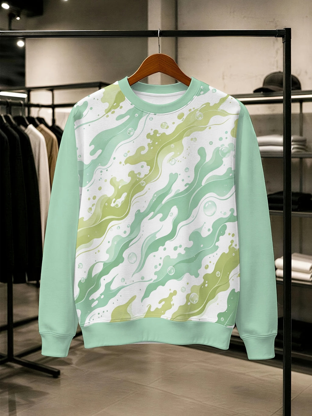 Men's Crew Neck Sweatshirt, Light Green, Abstract Wave Print, Casual Sportswear for Daily Wear, Fashionable Loose Fit Top, Youth Trendy Pullover, Versatile Autumn Long Sleeve Sweatshirt, Random Print - Mixed colors