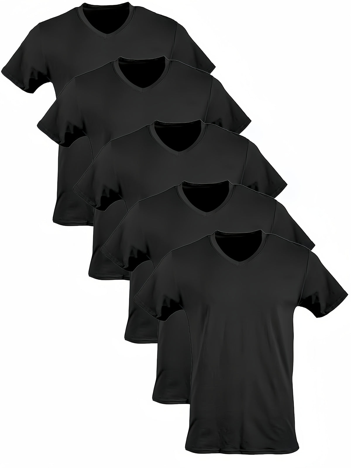 Men'S Summer Classic V-Neck Casual Short Sleeve T-Shirt 5pcs Set, Summer Essential | Solid Color, Quick-Dry Polyester Fiber, Ideal for Outdoor Running And Exercise, Machine Washable - 5PCS-Black